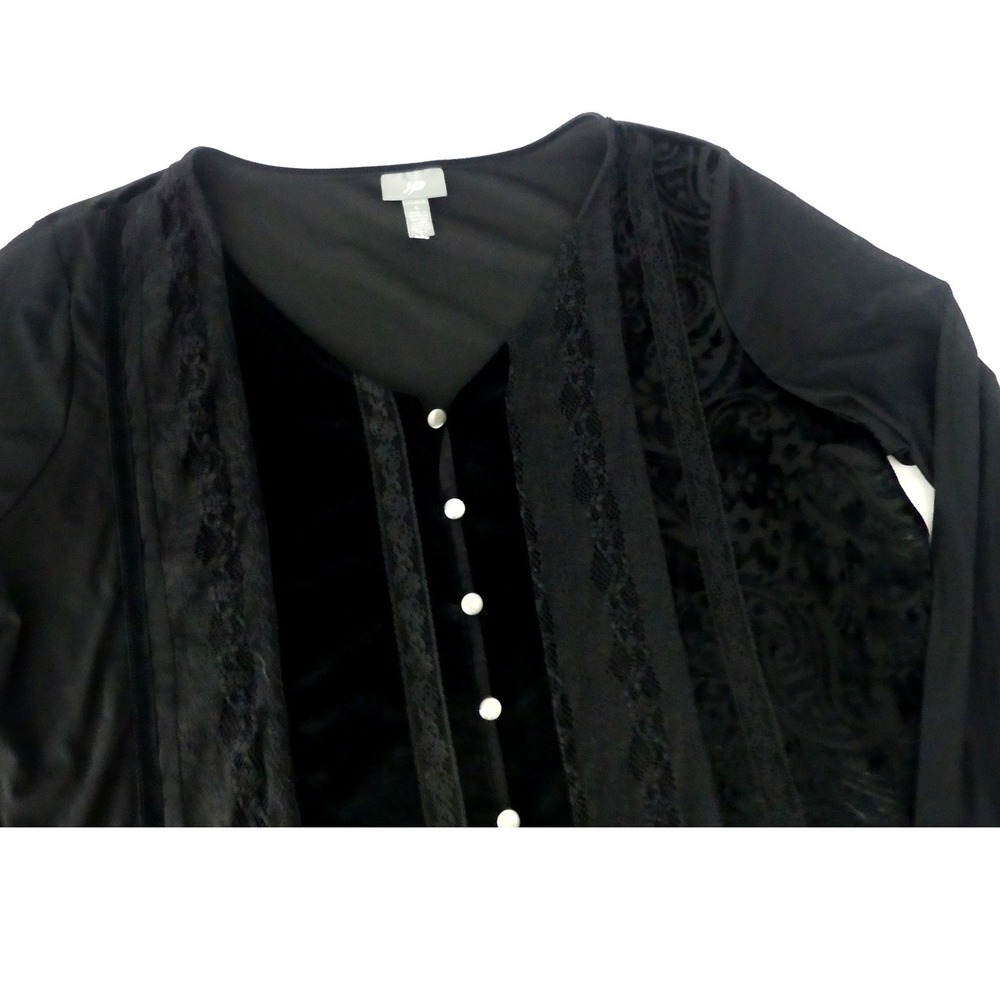 J. Jill Womens Black Velvet Lace Burnout Long Sleeve Stretch Top Large Sheer Arm - Picture 2 of 8